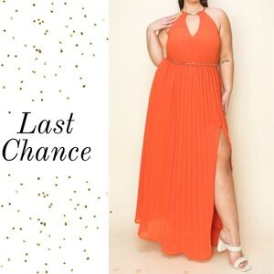 Chiffon Pleated Gold Trim & Belt Cut Out Maxi Dress